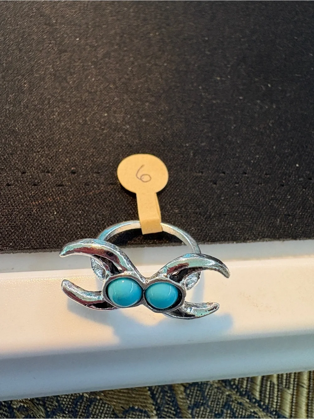 Silver-Tone Crescent Ring with Turquoise Cabochons Size 6